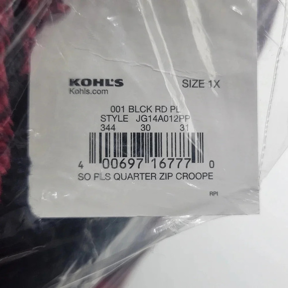 SO Sherpa Pullover Long Crop 1/4 Zip Red Black Buffalo Plaid Fleece Xtra Large - Picture 9 of 11